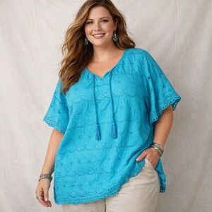 Catherines Turquoise Embroidered Eyelet Kaftan Top 2X Beach Summer Boxy